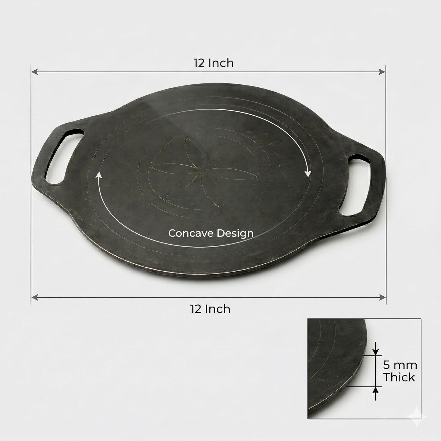 Iron Dosa Tawa with Free Turner, Heavy Duty Tava for Crispy Dosas, Roti & Chapati, Natural, Even Heat Distribution, No Chemical Coating - Black, Concave (12 inch/30.48 cm - 5mm Thick, 3.3 kg)