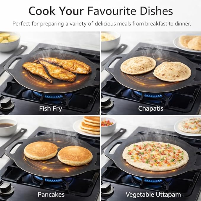 Iron Dosa Tawa with Free Turner, Heavy Duty Tava for Crispy Dosas & Chapati, Natural, Even Heat Distribution, No Chemical Coating - Black, Flat (12 inch/30.48 cm - 3mm Thick, 1.75 kg)