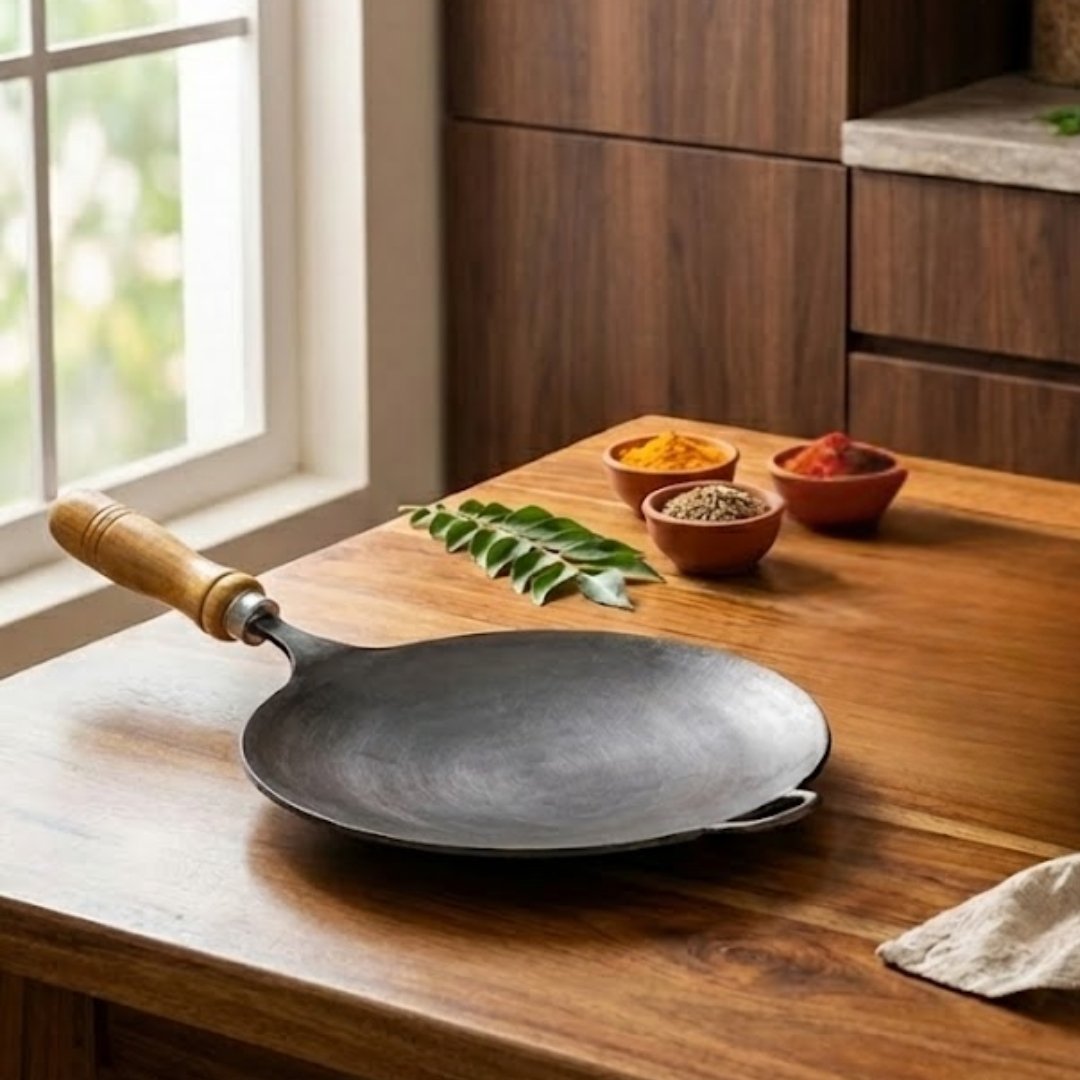 8 Inch Traditional Iron Appam Pan with Wooden Handle