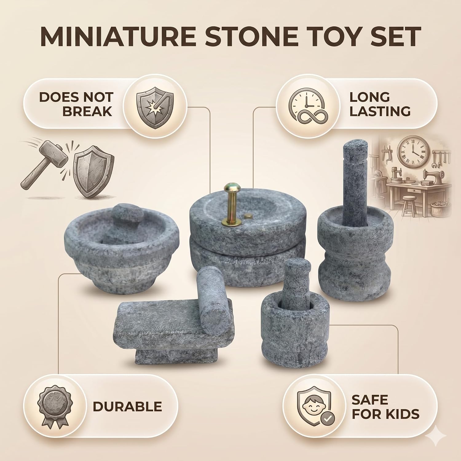 Miniature Kitchen Set for Kids, Handcrafted Natural Stone Toys Set with Mortar & Masher, Grinding Stone, Flat grinder, Mini Home Decor for Pooja, Gifts, Golu & Housewarming (Grey)