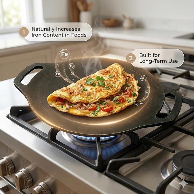 Iron Dosa Tawa with Free Turner, Heavy Duty Tava for Crispy Dosas & Chapati, Natural, Even Heat Distribution, No Chemical Coating - Black, Flat (12 inch/30.48 cm - 3mm Thick, 1.75 kg)
