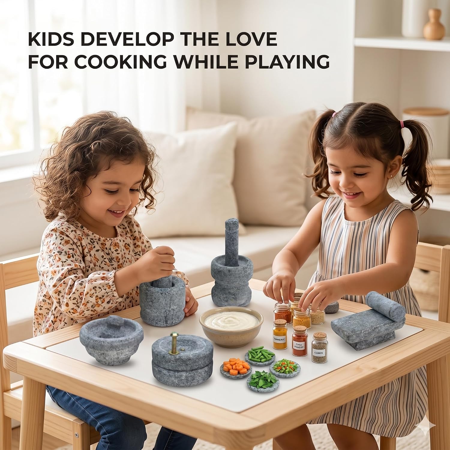 Miniature Kitchen Set for Kids, Handcrafted Natural Stone Toys Set with Mortar & Masher, Grinding Stone, Flat grinder, Mini Home Decor for Pooja, Gifts, Golu & Housewarming (Grey)