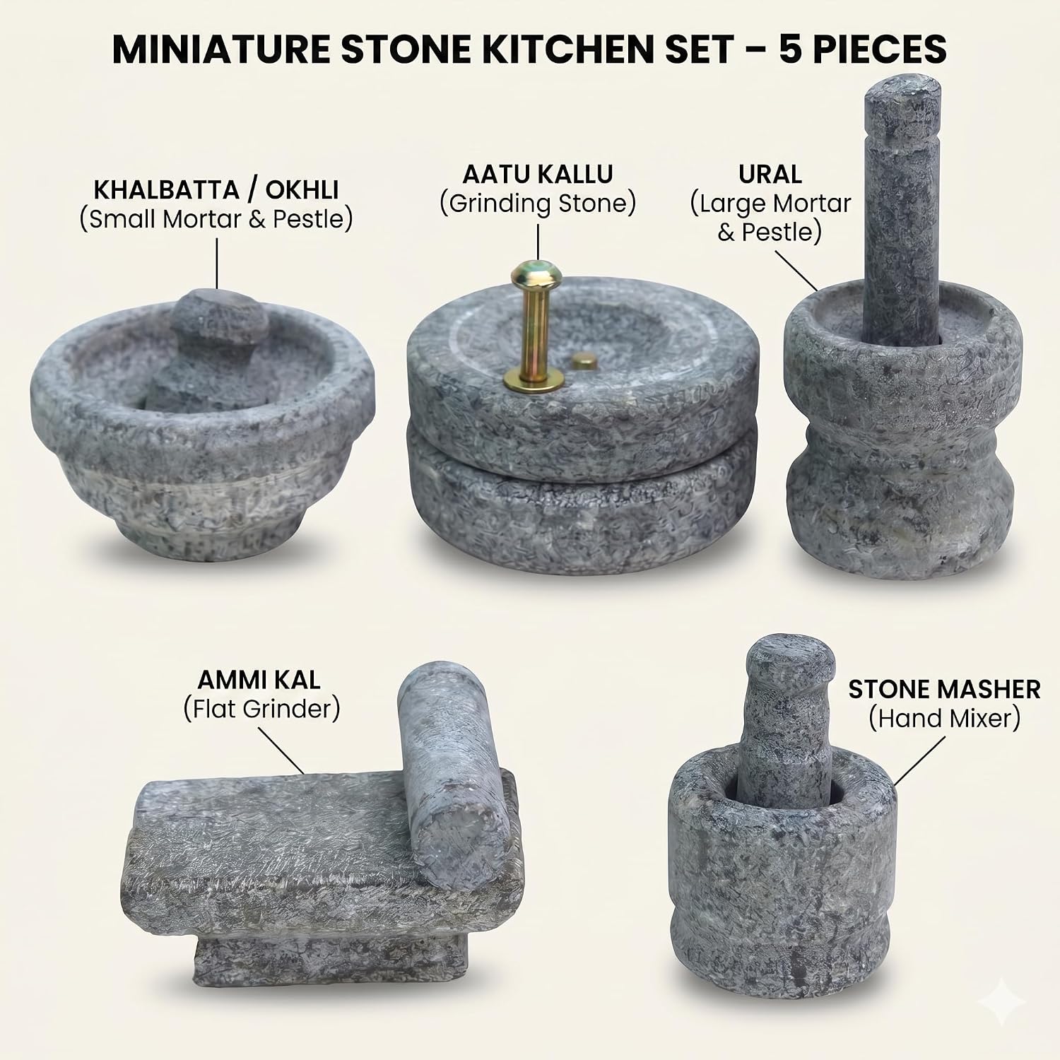 Miniature Kitchen Set for Kids, Handcrafted Natural Stone Toys Set with Mortar & Masher, Grinding Stone, Flat grinder, Mini Home Decor for Pooja, Gifts, Golu & Housewarming (Grey)