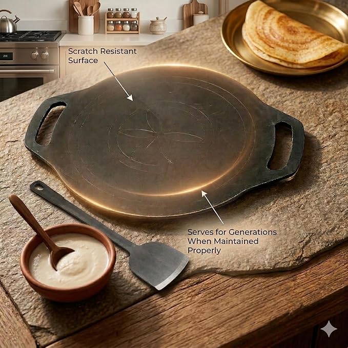 Iron Dosa Tawa with Free Turner, Heavy Duty Tava for Crispy Dosas & Chapati, Natural, Even Heat Distribution, No Chemical Coating - Black, Flat (12 inch/30.48 cm - 3mm Thick, 1.75 kg)
