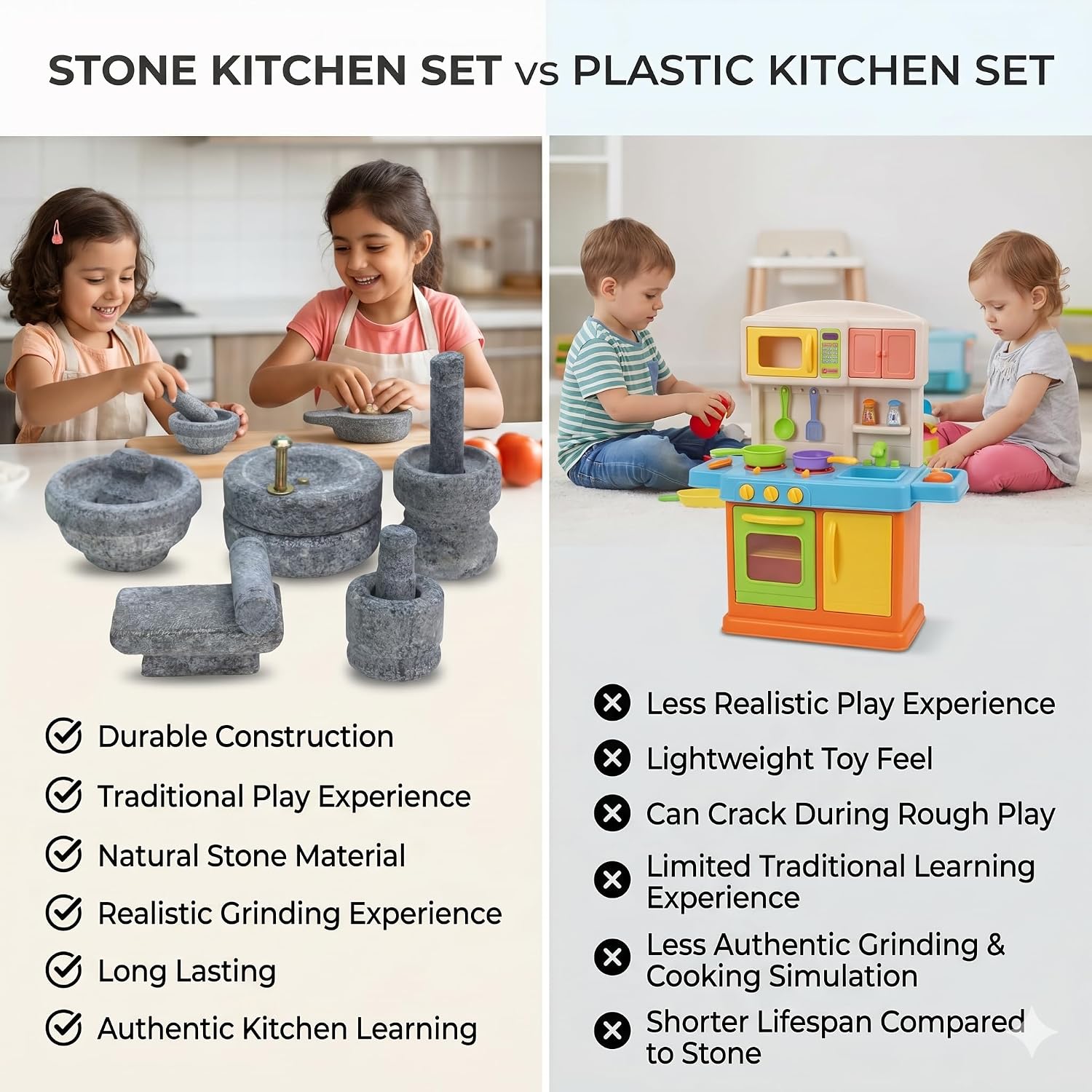 Miniature Kitchen Set for Kids, Handcrafted Natural Stone Toys Set with Mortar & Masher, Grinding Stone, Flat grinder, Mini Home Decor for Pooja, Gifts, Golu & Housewarming (Grey)