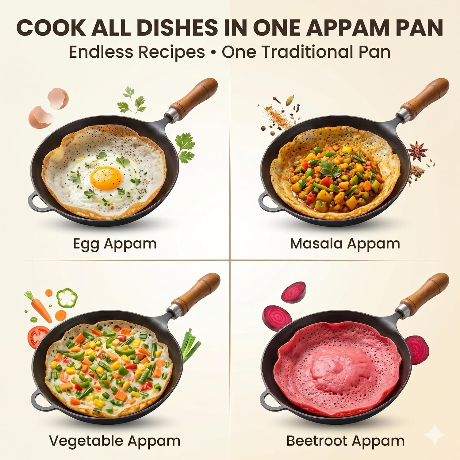 8 Inch Traditional Iron Appam Pan with Wooden Handle