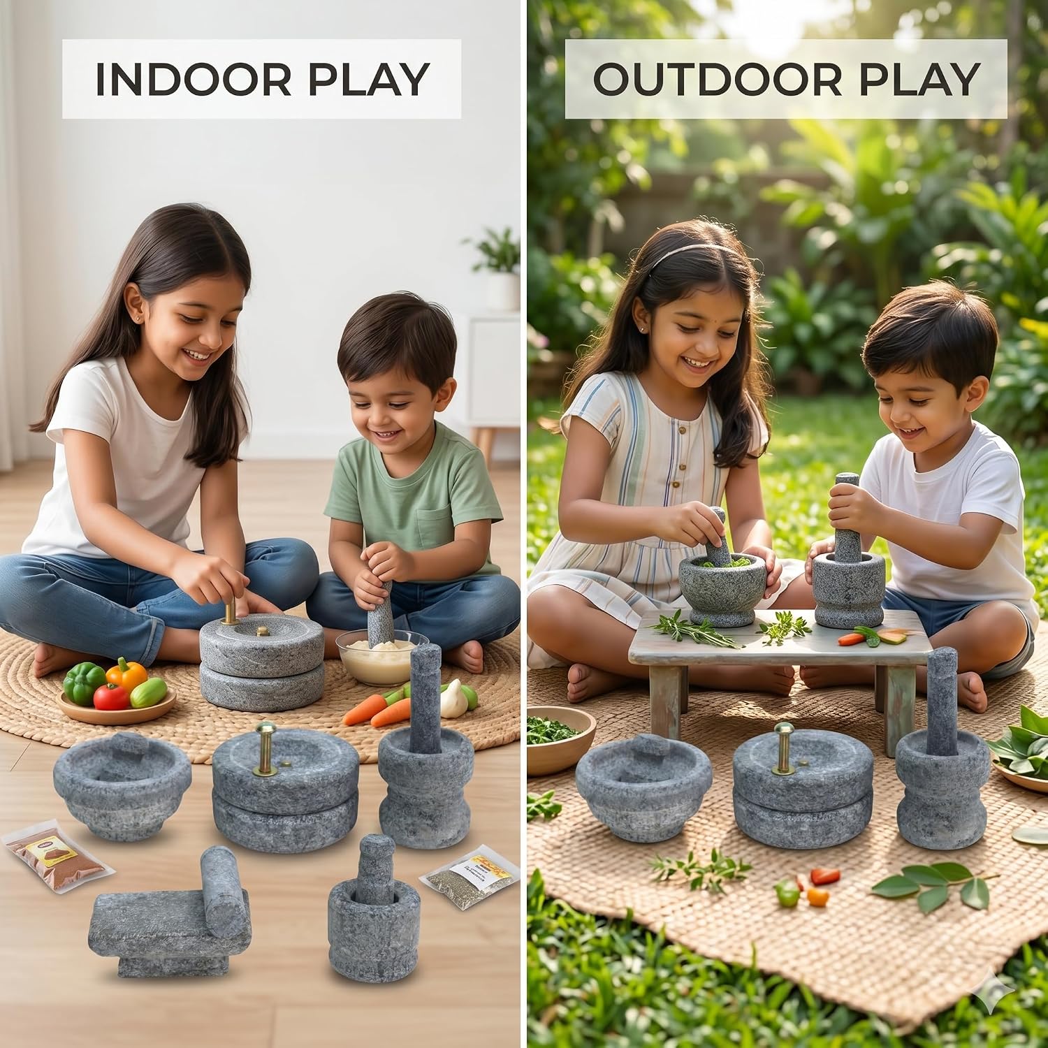 Miniature Kitchen Set for Kids, Handcrafted Natural Stone Toys Set with Mortar & Masher, Grinding Stone, Flat grinder, Mini Home Decor for Pooja, Gifts, Golu & Housewarming (Grey)