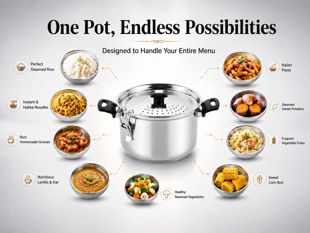 Nakshathra Stainless Steel Rice Strainer Pot with Lid, Heavy Base Rice Cooker with Locking Handles, Induction & Gas Compatible, Drain Easily, Ideal for Pasta, Lentils,Noodles & Vegetables