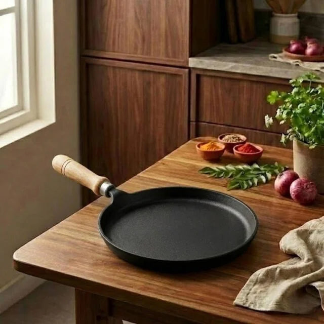 Iron Fish Fry Skillet & Omelette Tawa with Wooden Handle – Medium