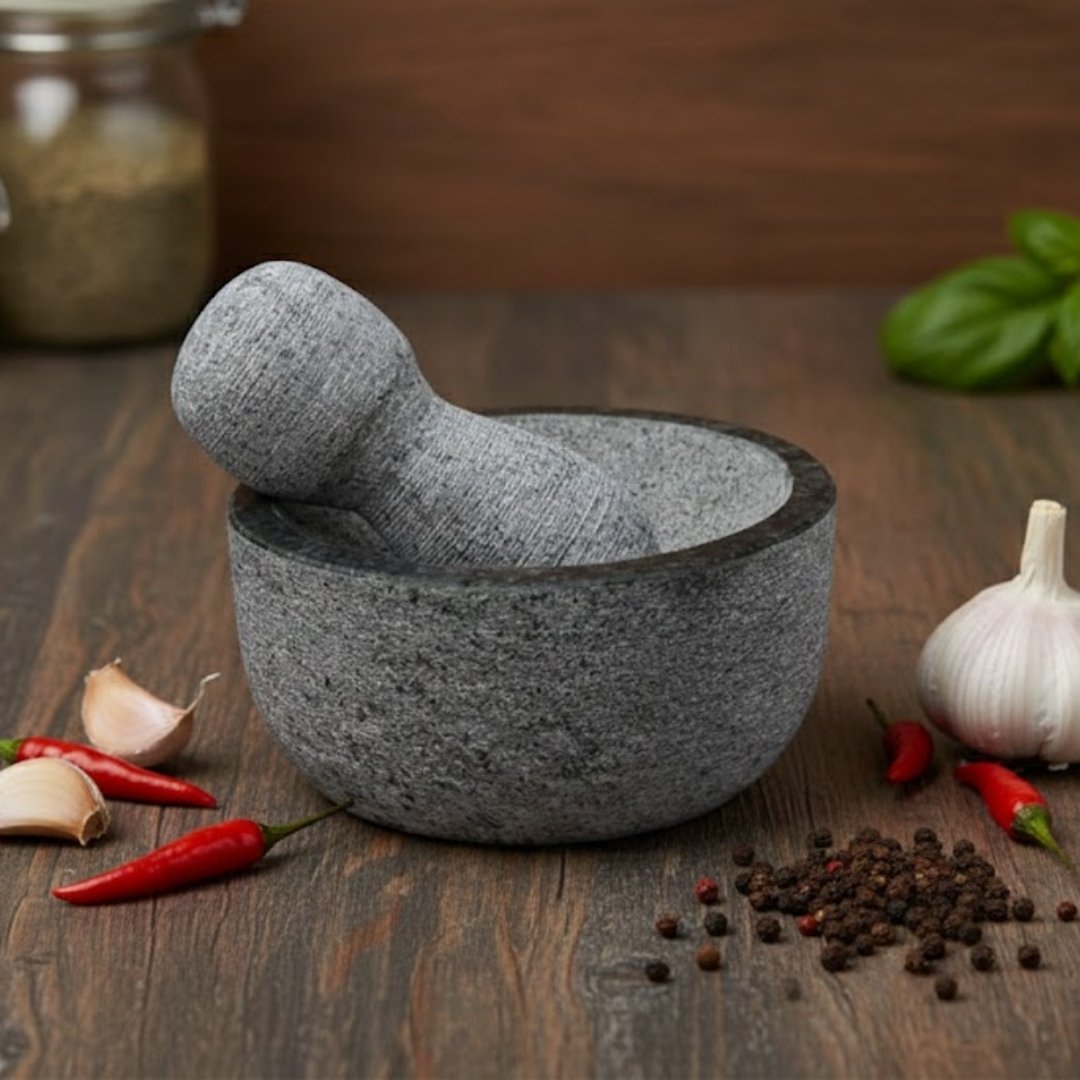 MYNAKSHA Granite Unpolished Stone Mortar and Pestle Set for Spices, Okhli Masher, Musal, Well Design for Kitchen, Home, Herbs (8 inch)