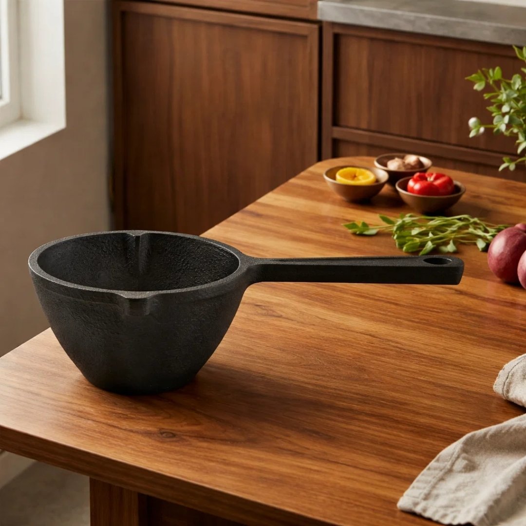 MYNAKSHA Iron Tadka Pan/Fry Pan/thalipu karandi with Handle Loha/Lokhand (4.5 inch, 11.5cm) 8mm Thickness