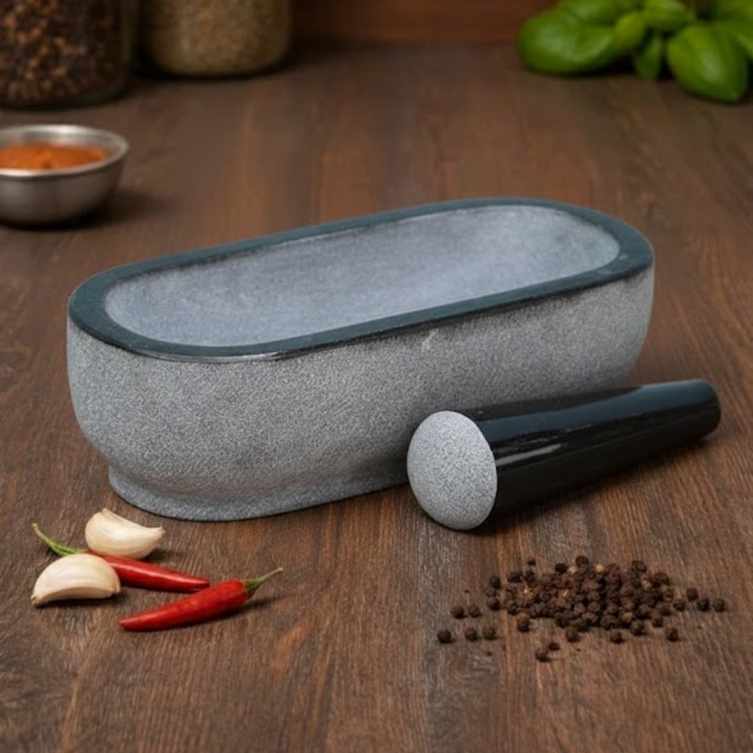 MYNAKSHA Pure Granite Stone Mortar and Pestle Set, Kalvam,kharad, Masher Spice Mixer/Okhli and musle/Kharal for Kitchen and medicine making (12 * 6 inch)