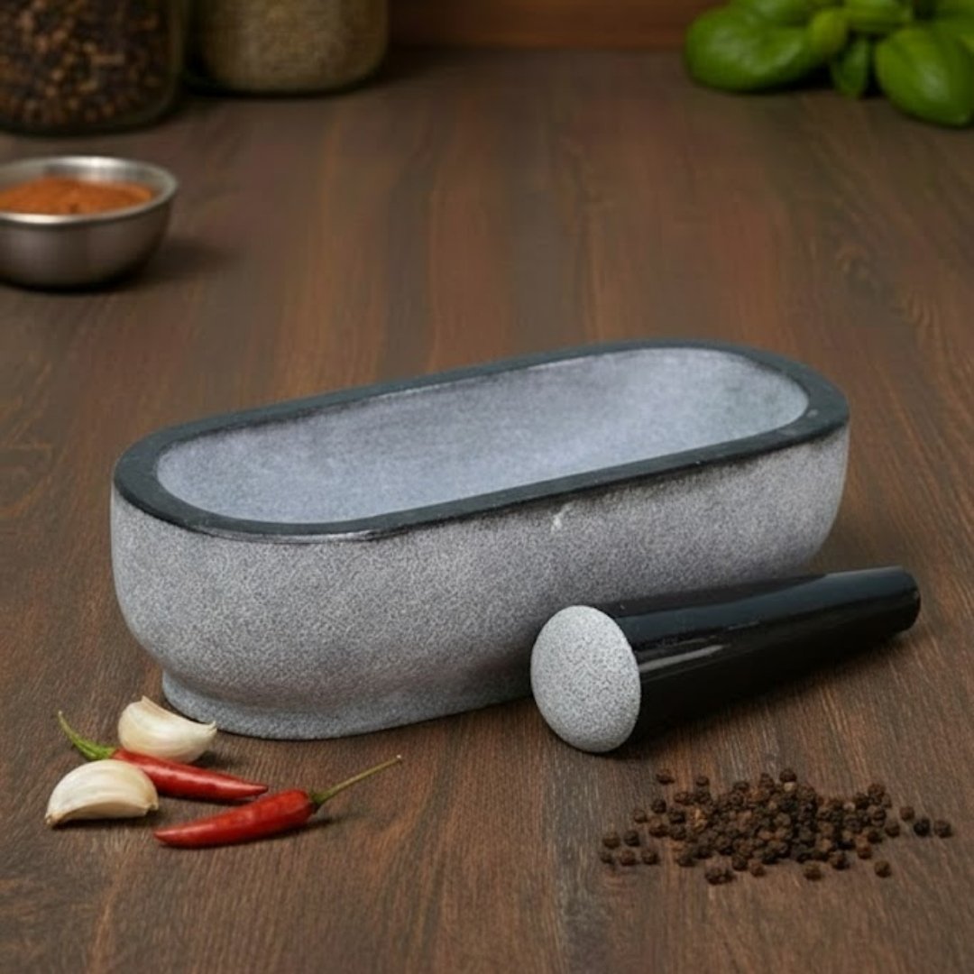 MYNAKSHA Pure Granite Stone Mortar and Pestle Set, Kalvam,kharad, Masher Spice Mixer/Okhli and musle/Kharal for Kitchen and medicine making (14 * 6 inch)