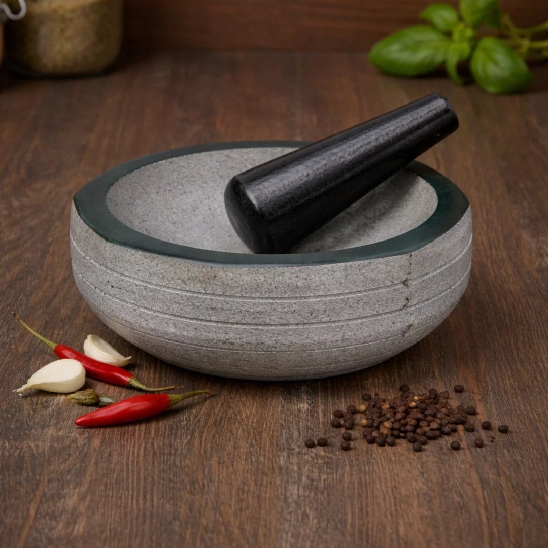 MYNAKSHA Pure Granite Stone Mortar and Pestle Set, Kalvam,kharad, Masher Spice Mixer/Okhli and musle/Kharal for Kitchen and medicine making (15 * 8 inch)