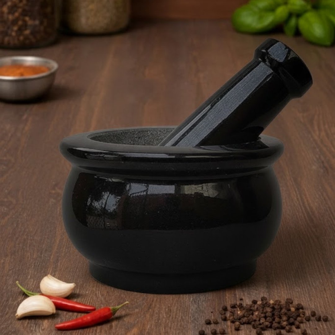 MYNAKSHA Pure Granite Stone Mortar and Pestle Set, kharad, Masher Spice Mixer/Okhli and musle/Kharal for Kitchen 6 inches- Big Size Black