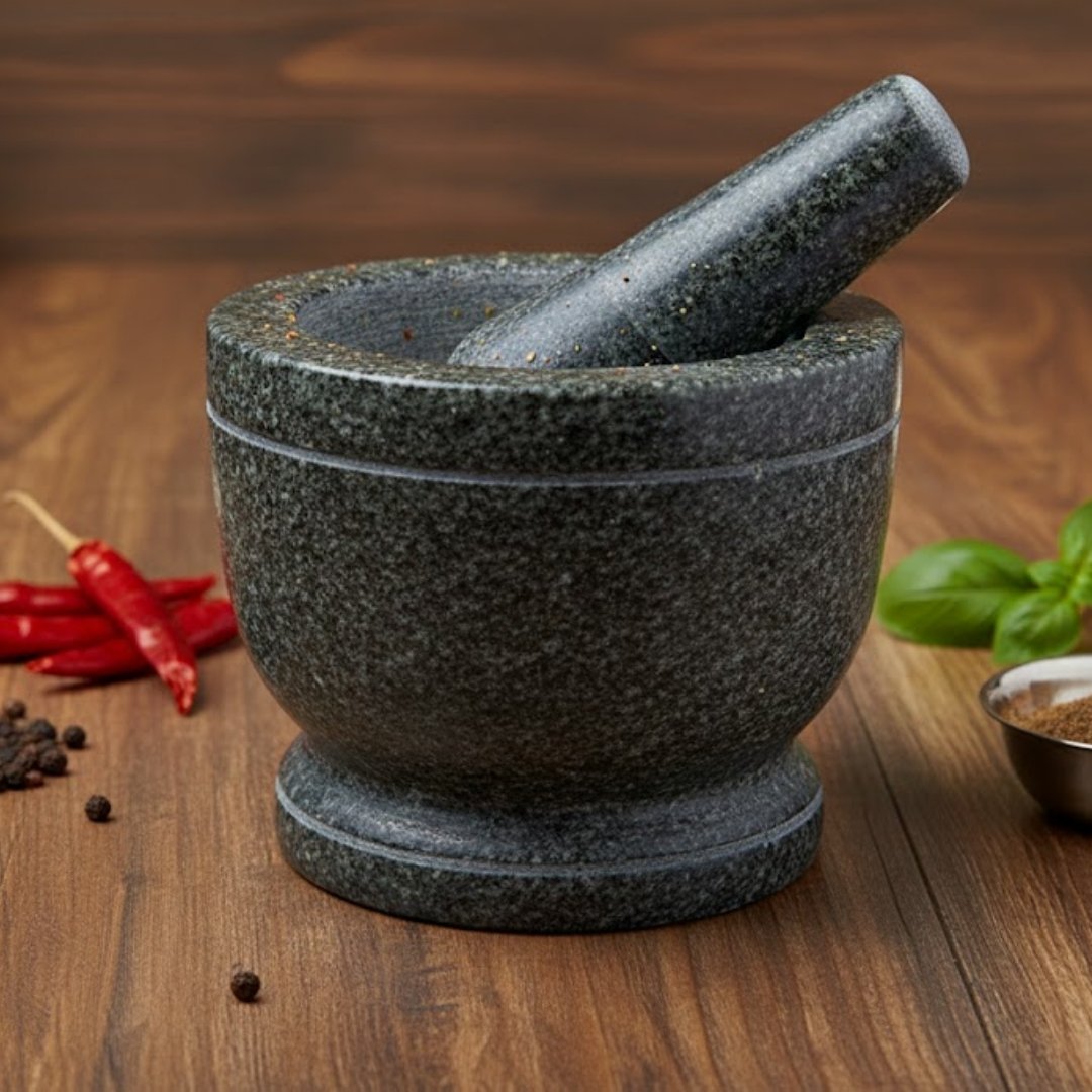 MYNAKSHA granite Mortar and Pestle Set for Spices, Okhli Masher, Khalbatta, Kharal, Mixer, Natural & Traditional Grinder and Musal, Well Design for Kitchen, Home, Herb (7inch) black stone