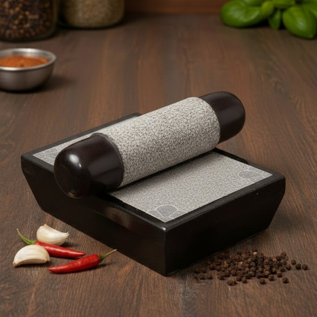 Pure Granite 10kg Handmade Ammikallu/Grinding Stone/Traditional Hand Grinder/Mortar and Pestle Set for Home and Kitchen (Black and Grey_12inch x 8inch)