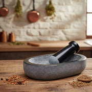 Pure Granite Stone Mortar and Pestle Set/Kharad/Masher Spice Mixer/Okhli and Musle/Kharal for Kitchen and Medicine Making (Grey_9.5inch x 6inch)