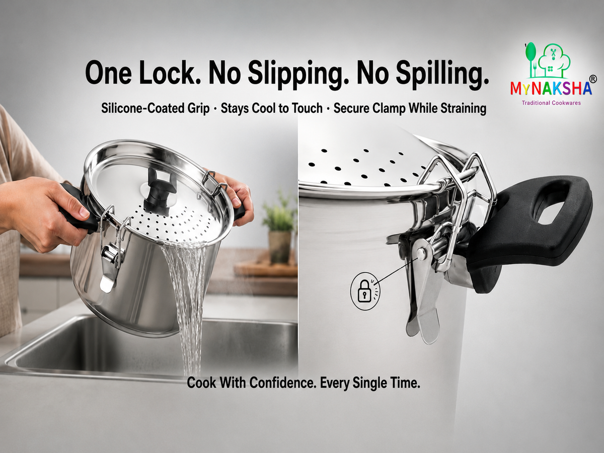 Nakshathra Stainless Steel Rice Strainer Pot with Lid, Heavy Base Rice Cooker with Locking Handles, Induction & Gas Compatible, Drain Easily, Ideal for Pasta, Lentils,Noodles & Vegetables