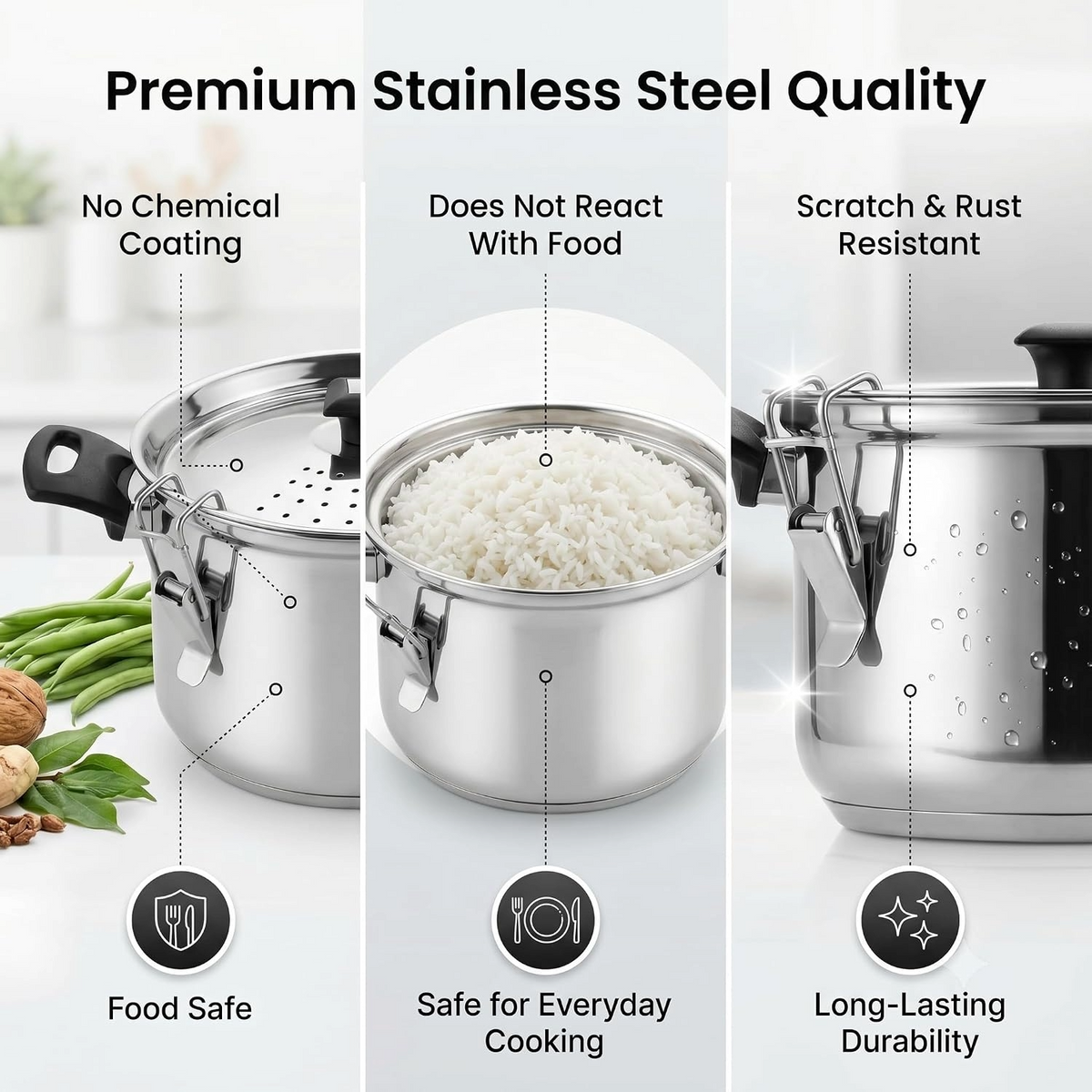 Nakshathra Stainless Steel Rice Strainer Pot with Lid, Heavy Base Rice Cooker with Locking Handles, Induction & Gas Compatible, Drain Easily, Ideal for Pasta, Lentils,Noodles & Vegetables