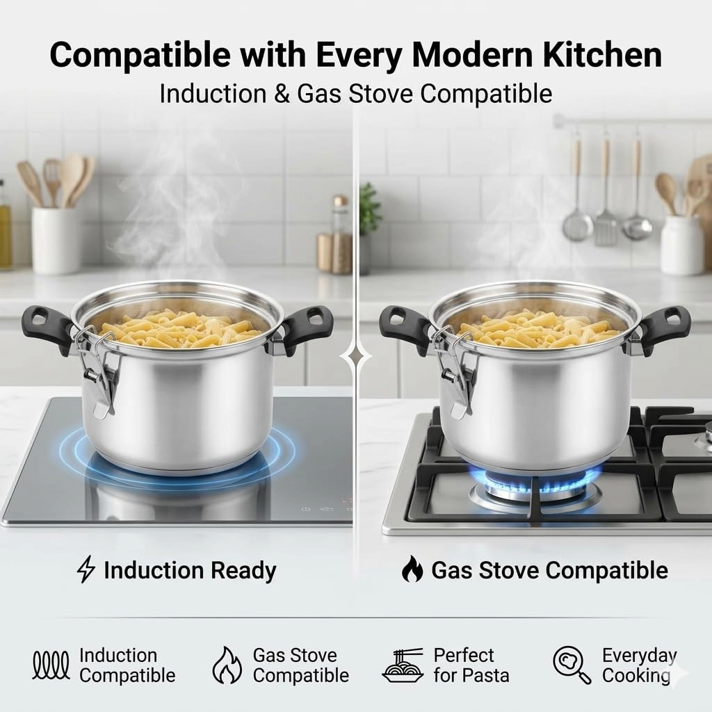 Nakshathra Stainless Steel Rice Strainer Pot with Lid, Heavy Base Rice Cooker with Locking Handles, Induction & Gas Compatible, Drain Easily, Ideal for Pasta, Lentils,Noodles & Vegetables