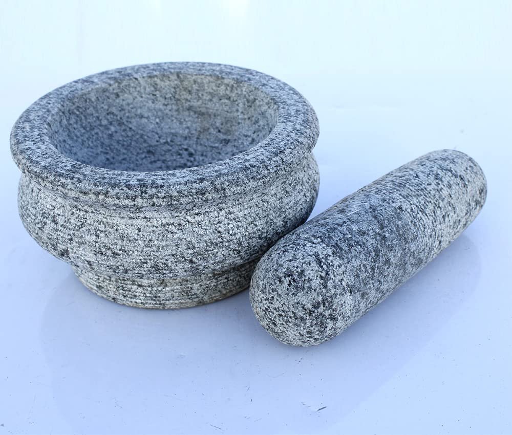 Stone Mortar and Pestle Set | Traditional Khalbatta Masher Kharal Mixer Musal | Natural Heavy Stone Spice Grinder for Kitchen (Grey, 5 Inch)