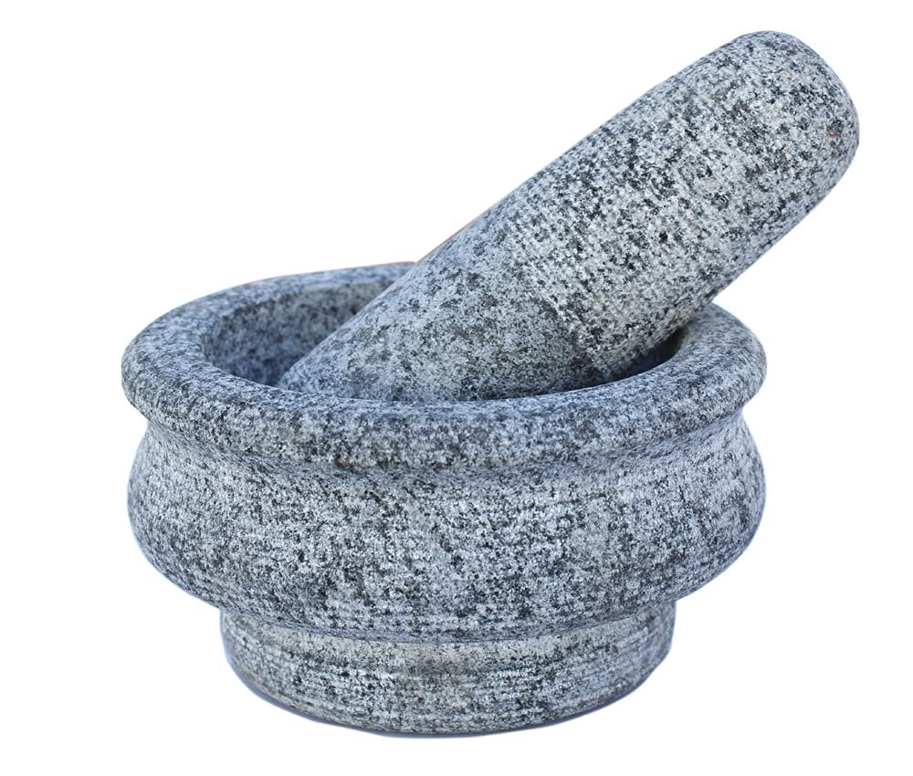 Stone Mortar and Pestle Set | Traditional Khalbatta Masher Kharal Mixer Musal | Natural Heavy Stone Spice Grinder for Kitchen (Grey, 5 Inch)