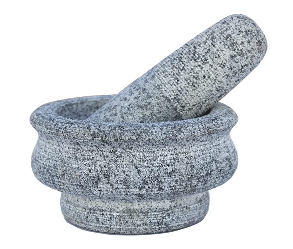 Stone Mortar and Pestle Set | Traditional Khalbatta Masher Kharal Mixer Musal | Natural Heavy Stone Spice Grinder for Kitchen (Grey, 5 Inch)