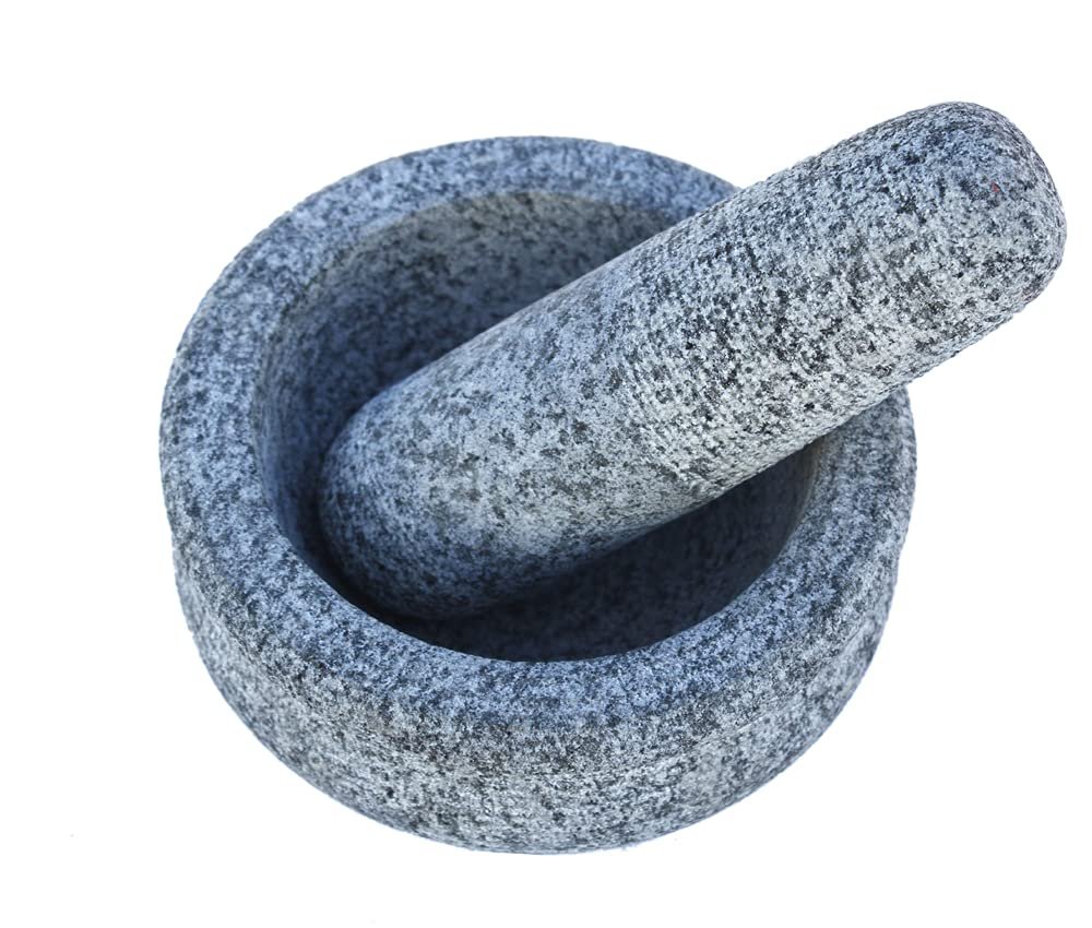 Stone Mortar and Pestle Set | Traditional Khalbatta Masher Kharal Mixer Musal | Natural Heavy Stone Spice Grinder for Kitchen (Grey, 5 Inch)