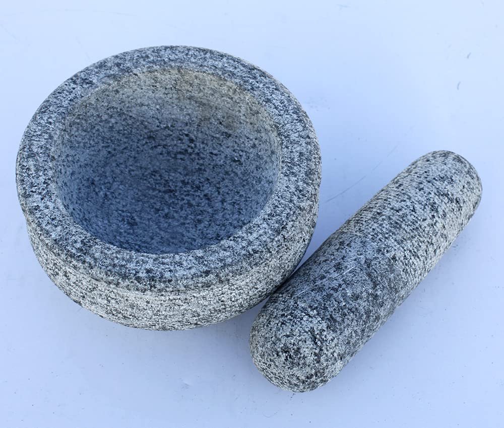 Stone Mortar and Pestle Set | Traditional Khalbatta Masher Kharal Mixer Musal | Natural Heavy Stone Spice Grinder for Kitchen (Grey, 5 Inch)